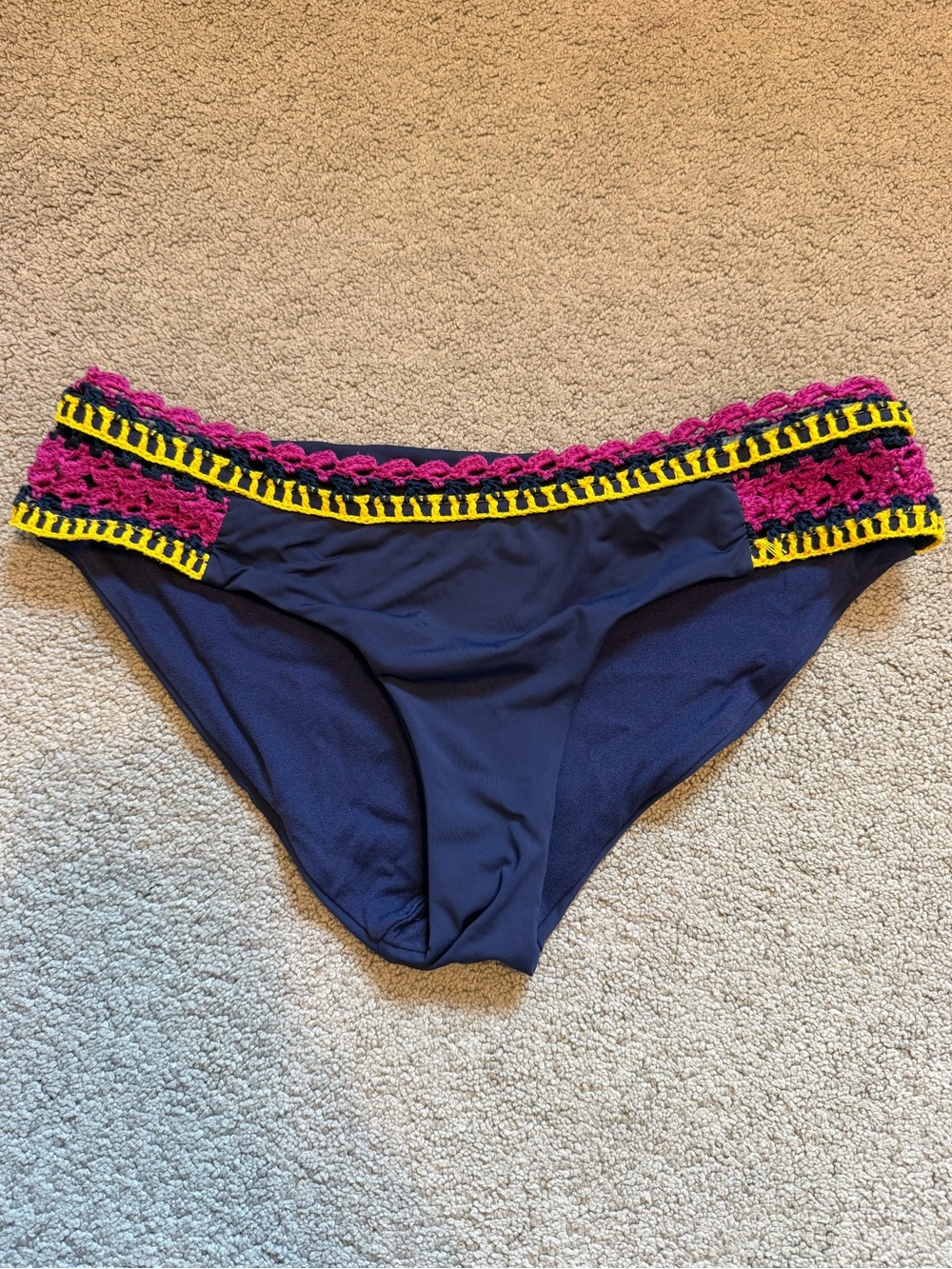 Becca Navy Bikini Bottom with Pink & Yellow Crochet Waistband | Size S